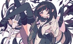 1girl arknights ass black_eyes black_gloves black_hair black_shoes black_skirt black_thighhighs blush bow_(music) bright_pupils commentary_request floating floating_hair gloves halo highres holding holding_bow_(music) holding_instrument instrument long_hair long_sleeves looking_at_viewer mole mole_under_eye shirt shoes skirt smile solo thighhighs thighs very_long_hair virtuosa_(arknights) white_pupils white_shirt ym_dpl