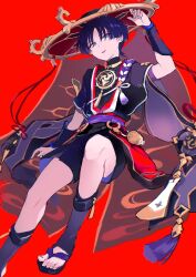 Rule 34 | 1boy, arm at side, armor, black bodysuit, black kimono, black shorts, black sleeves, blunt ends, bodysuit, covered collarbone, eyeliner, eyeshadow, fingernails, furisode, genshin impact, gold, gold trim, grey leggings, grey veil, hand up, hat, highres, japanese armor, japanese clothes, jewelry, jingasa, juban, kimono, kote, kurokote, layered sleeves, leggings, looking at viewer, makeup, male focus, mitsudomoe (shape), neck ring, o-ring, oga914, open clothes, open kimono, parted bangs, purple eyes, purple hair, purple rope, purple sash, red background, red eyeliner, red eyeshadow, red hat, red kimono, red sash, rope, sash, scaramouche (genshin impact), shimenawa, short sleeves, shorts, solo, toeless legwear, toenails, toes, tomoe (symbol), tongue, tongue out, tsurime, twitter username, veil, white kimono, white rope, white sleeves, wispy bangs