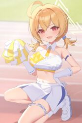 1girl absurdres ahoge blonde_hair blue_archive breasts cheerleader cleavage commentary halo hand_on_own_hip highres jei_(user_tckk7448) kotori_(blue_archive) kotori_(cheer_squad)_(blue_archive) large_breasts looking_at_viewer millennium_cheerleader_outfit_(blue_archive) navel official_alternate_costume open_mouth pom_pom_(cheerleading) red_eyes shoes short_twintails smile socks solo stomach twintails white_shoes white_socks