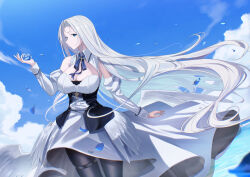 1girl absurdres azur_lane bare_shoulders blue_eyes blue_flower blue_necktie blue_rose breasts cleavage clothes_lift cloud cloudy_sky commentary_request cross cross_necklace detached_sleeves dress feathers floating_hair flower full_body hand_up highres holding jewelry large_breasts long_hair long_sleeves looking_at_viewer looking_to_the_side necklace necktie outdoors pantyhose parted_bangs petals puffy_sleeves rose rubisco skirt sky smile solo thigh_strap thighs very_long_hair white_dress white_hair wings yorktown_(azur_lane) yorktown_ii_(azur_lane)