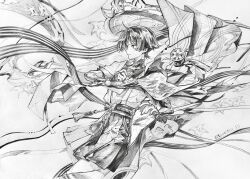 Rule 34 | 1boy, armor, belt, blunt ends, bodysuit, bosonn 13, bow, bridal gauntlets, cape, cowboy shot, feathers, fingernails, furisode, gem, genshin impact, graphite (medium), greyscale, hand on own chest, hands up, hat, highres, hip vent, japanese armor, japanese clothes, jingasa, kimono, kote, layered sleeves, looking to the side, male focus, mandarin collar, middle ring, monochrome, open clothes, open hand, open kimono, open mouth, pleated shorts, pom pom (clothes), rope, sash, scaramouche (genshin impact), short sleeves, shorts, shoulder peek, sideways mouth, sketch, solo, tassel, traditional media, twitter username, vision (genshin impact), wanderer (genshin impact), wispy bangs