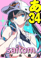 1girl aqua_hair artist_name bare_shoulders baseball_cap black_hair blue_eyes breasts closed_mouth colored_inner_hair crop_top earrings fingerless_gloves gloves hair_between_eyes hat jewelry large_breasts long_hair looking_at_viewer multicolored_hair original pink_background saitou_masatsugu simple_background sleeveless solo sparkle sweat underboob upper_body very_long_hair white_gloves white_hat wiping_sweat