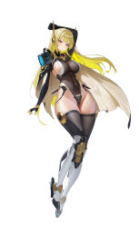1girl absurdres arm_up armor armored_boots barcode black_c_(net_dust) black_leotard black_thighhighs blonde_hair blush boots breasts cape closed_mouth commentary_request covered_navel floating_hair full_body headgear high_heel_boots high_heels highleg highleg_leotard highres knee_boots large_breasts leotard long_hair mole mole_under_eye original pauldrons red_eyes shoulder_armor sideboob simple_background single_pauldron solo thighhighs very_long_hair white_background