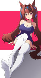 1girl animal_ears arm_support bare_shoulders breasts brown_hair cleavage closed_mouth collarbone daiwa_scarlet_(umamusume) hair_intakes highres horse_ears horse_girl horse_tail large_breasts long_hair nel-c no_shoes one-piece_swimsuit pink_eyes school_swimsuit sitting smile solo swimsuit tail thighhighs tiara twintails umamusume white_thighhighs