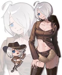 1girl alternate_costume angel_(kof) blue_eyes breasts cleavage cowboy_hat crop_top hair_over_one_eye hat highres in_cident_ok large_breasts leather looking_at_viewer navel short_hair smile snk solo the_king_of_fighters toned white_hair