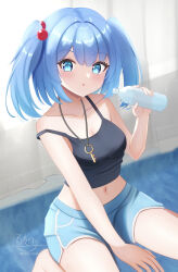 1girl absurdres artist_name black_tank_top blue_eyes blue_hair blue_shorts blurry blurry_background bottle breasts commentary_request dolphin_shorts hair_bobbles hair_ornament highres holding holding_bottle hyakuya_iori jewelry kawashiro_nitori key key_necklace looking_at_viewer midriff navel necklace open_mouth shorts signature sitting solo strap_slip tank_top touhou twitter_username two_side_up