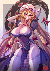 1girl absurdres arms_behind_head arms_up blonde_hair breasts cleavage closed_mouth cross-laced_clothes elbow_gloves gap_(touhou) gloves grey_background hat highres large_breasts long_hair mob_cap nemojona purple_shirt shirt smile solo thighhighs thighs touhou very_long_hair white_gloves white_hat white_thighhighs yakumo_yukari yellow_eyes