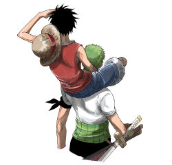 2boys arm_ribbon bare_shoulders black_hair black_ribbon blue_shorts carrying cropped_torso from_behind fur-trimmed_shorts fur_trim green_hair hat hat_on_back highres katana living_(nsiring) male_focus monkey_d._luffy multiple_boys multiple_swords one_piece piggyback red_tank_top ribbon roronoa_zoro shading_eyes shirt short_hair short_sleeves shorts straw_hat sword tank_top upper_body weapon white_background white_shirt