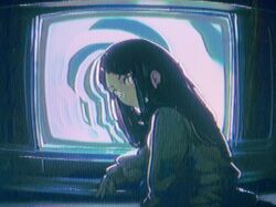 Rule 34 | 1girl, absurdres, backlighting, black hair, chromatic aberration, crt, expressionless, film grain, from side, highres, long hair, long sleeves, notfuji, on floor, original, scanlines, sideways glance, sitting, solo, television, turning head