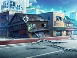 artist_request blue_sky building cloud crack day game_cg lamppost magia_record:_mahou_shoujo_madoka_magica_gaiden mahou_shoujo_madoka_magica no_humans official_art outdoors road ruins scenery shop sidewalk sky skyscraper street tree