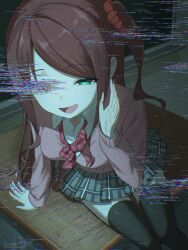 Rule 34 | 1girl, absurdres, akabane youko, bow, bowtie, brown hair, classroom, dark, fang, glitch, green eyes, hair ornament, half-closed eye, highres, horror (theme), long hair, long sleeves, nijisanji, one side up, pink vest, plaid clothes, plaid skirt, red bow, red bowtie, school uniform, scrunchie, shirt, sitting, skirt, smile, thighhighs, tsukishiro o0o, very long hair, vest, virtual youtuber, white shirt
