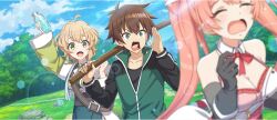 1boy 2girls :d ahoge arm_up bare_shoulders belt black_gloves blonde_hair blue_sky blurry blurry_foreground bottle bow breasts brown_belt brown_hair calling cielo_(konosuba) cleavage clenched_hand closed_eyes cloud day detached_collar dot_nose erika_(konosuba) fleeing game_cg gem gloves green_eyes green_gemstone green_jacket green_track_suit hand_up highres holding holding_bottle holding_sheath jacket kono_subarashii_sekai_ni_shukufuku_wo! konosuba!_fantastic_days lens_flare long_hair long_sleeves medium_breasts multiple_girls official_art open_mouth outdoors pink_hair red_bow satou_kazuma sheath sheathed short_eyebrows short_hair sky smile spaghetti_strap tearing_up third-party_source tongue track_suit tree twintails very_long_hair