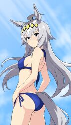 1girl absurdres ahoge alternate_costume animal_ears ass bare_shoulders bikini blue_bikini blue_sky blush breasts closed_mouth commentary cowboy_shot day ear_ornament grey_hair hair_between_eyes hair_ornament hands_on_own_hips highres horse_ears horse_girl horse_tail kiyosuke_(kiyosuke023) light_frown looking_to_the_side medium_breasts multicolored_hair oguri_cap_(umamusume) outdoors side-tie_bikini_bottom sky solo streaked_hair swimsuit tail umamusume