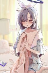 ... 1girl animal_print bed blue_archive blue_pajamas blue_shirt blue_shorts blush breasts cat_print coa_(35_seno) hairband halo highres kneeling long_hair naked_shirt navel official_alternate_costume on_bed pajamas pillow print_pajamas print_shirt purple_eyes purple_hair shirt shorts small_breasts solo wet white_hairband yuuka_(blue_archive) yuuka_(pajamas)_(blue_archive)