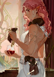 1girl absurdres alcohol animal armlet baldur&#039;s_gate baldur&#039;s_gate_3 belt_pouch blush breasts commentary cup dress drinking_glass dungeons_&amp;_dragons dungeons_&amp;_dragons english_commentary freckles highres holding holding_animal holding_cup jewelry kuzen mouse_(animal) pink_hair pouch red_eyes sideboob solo tav_(baldur&#039;s_gate) white_dress window wine wine_glass