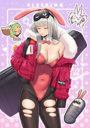 3girls alice_(nikke) alice_(wonderland_bunny)_(nikke) alternate_costume animal_ears black_pantyhose breasts cleavage closed_eyes cowboy_shot fake_animal_ears frima_(nikke) goddess_of_victory:_nikke grey_hair highres jacket leotard medium_breasts multiple_girls open_clothes open_jacket pantyhose playboy_bunny rabbit_ears sawasa sleep_mask sleeping soda_(nikke) soda_(twinkling_bunny)_(nikke) torn_clothes torn_pantyhose