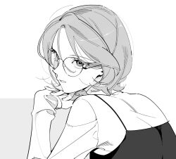 1girl camisole camisole_over_clothes ddatbbam fear_&amp;_hunger_(series) fear_&amp;_hunger_2:_termina glasses greyscale hashtag-only_commentary highres long_sleeves looking_at_viewer monochrome olivia_(fear_&amp;_hunger) parted_lips round_eyewear shirt short_hair solo turtleneck turtleneck_shirt upper_body white_background