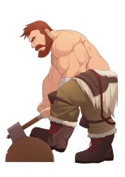 1boy axe bara beard biceps boots brown_boots chest_hair chopping closed_mouth commentary english_commentary facial_hair from_side guran_(underguran) highres holding holding_axe logan_(lustful_desires) lustful_desires male_focus muscular muscular_male pectorals profile topless_male white_background