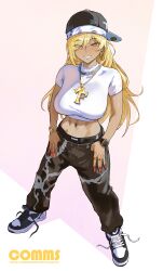 1girl abs absurdres backwards_hat bandana baseball_cap black_pants bling blonde_hair blush borrowed_character bracelet breasts chain chain_necklace commission crop_top cropped_shirt dark-skinned_female dark_skin earrings eyes_visible_through_hair fake_nails fingernails fiona_(hpontiqtonicq) full_body gold_bracelet gold_necklace gold_ring grin gyaru hair_over_one_eye hat highres hip_hop jewelry large_breasts legs_apart letter_earrings long_fingernails long_hair looking_at_viewer midriff multiple_rings navel necklace original panties pants panty_peek park_ongjol red_nails ring shirt shoes short_sleeves smile sneakers solo standing streetwear thumb_in_pocket underwear untied_shoelaces watch white_bandana white_shirt wristwatch yellow_eyes