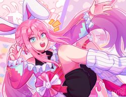 Rule 34 | 1girl, alternate costume, alternate hairstyle, animal ears, aubrey (faraway) (omori), aubrey (omori), blue eyes, blush, earrings, fake animal ears, forest bunny (omori), high heels, highres, jewelry, long hair, long sleeves, omori, open mouth, pink hair, pink shoes, ponytail, shoes, shxro524, smile, socks, solo, teeth, upper teeth only, white socks