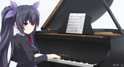 10s 1girl artist_name bad_id bad_pixiv_id bass_clef beamed_quavers black_hair blush crotchet_rest female_focus flat_sign grand_piano hair_ribbon instrument keenh long_hair looking_at_viewer music musical_note neptune_(series) noire_(neptunia) piano playing_instrument red_eyes ribbon sheet_music smile solo treble_clef twintails