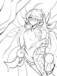 1girl 3gs ahoge bare_shoulders blush body_markings breasts closed_mouth collarbone covered_navel disembodied_penis elsword energy_wings erection fairy fairy_wings greyscale hand_up holding large_penis legs_together leotard lincy_(elsword) long_hair looking_up monochrome nervous nose_blush penis penis_awe pointy_ears ringed_eyes sidelocks sketch small_breasts solo_focus standing sweat thighs twintails veins veiny_penis very_long_hair wings