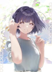 1girl alternate_costume blush fingernails gakuen_idolmaster hataya_misuzu highres hirosaji idolmaster looking_at_viewer mole mole_under_mouth purple_eyes purple_hair shirt short_hair smile solo tucking_hair upper_body white_shirt