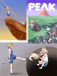 2girls 300_(movie) :o absurdres alps_no_shoujo_heidi animal_ears arms_up artist_name blonde_hair blue_eyes blue_hair blue_overalls blush_stickers cat_ears checkered_gloves cliff commentary dooby_(vtuber) dress english_commentary fins fish_tail full_body goggles green_eyes heidi_pushes_clara_over_cliff_(meme) highres hole indie_virtual_youtuber kicking long_hair meme mouse_girl multicolored_hair multiple_girls overalls peak_(game) pinstripe_overalls sameko_saba scene_reference streaked_hair striped_overalls tail the_lion_king this_is_sparta too_many_memes train_conductor twitter_username varliet vertical-striped_overalls virtual_youtuber wheelchair white_dress