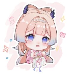 Rule 34 | 1girl, bag, blue eyes, blue hair, blunt bangs, border, bow-shaped hair, chibi, chinese commentary, colored tips, commentary request, cropped torso, eyelashes, genshin impact, hair ornament, hairband, handbag, happy, holding, holding bag, light blush, long sleeves, looking at viewer, meng qiao, multicolored hair, official alternate costume, open mouth, outline, pink background, pink hair, pink shirt, sangonomiya kokomi, sangonomiya kokomi (xiaohongshu), shirt, smile, solo, sparkle, two-tone hair, white bag, white border, white hairband, white outline, wing hair ornament