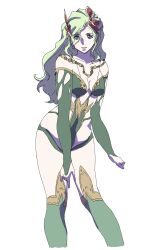 1girl absurdres bare_shoulders blue_eyes breasts bridal_gauntlets cleavage clothing_cutout collarbone earrings final_fantasy final_fantasy_iv final_fantasy_iv:_the_after_years green_leotard green_thighhighs hair_ornament highres jewelry legs_apart leotard light_green_hair long_hair looking_at_viewer medium_breasts open_mouth over-kneehighs pale_skin powerhamuhamu rydia_(ff4) side_cutout simple_background smile solo standing tareme thighhighs very_long_hair white_background