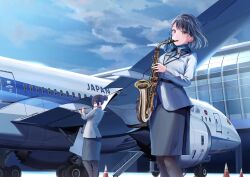 2girls aircraft airplane airport all_nippon_airways black_hair black_pantyhose black_skirt blue_sky brown_eyes cloud commentary_request day flight_attendant flute grey_jacket hair_bun highres instrument jacket jet_airliner long_sleeves multiple_girls music original outdoors pantyhose pencil_skirt playing_instrument png_pant_(bus) saxophone second-party_source short_hair single_hair_bun skirt sky stairs standing traffic_cone travel_attendant