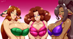 3girls animal_ears bra breasts brown_hair cleavage cow_ears cow_horns dark-skinned_female dark_skin earrings eyeshadow green_eyes highres horns huge_breasts jewelry lips long_hair looking_at_viewer makeup mole mole_under_mouth multiple_girls one_eye_closed ponytail smile speeds underwear wink yellow_eyes