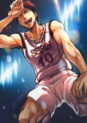 1boy absurdres artist_name basketball_uniform blurry blurry_background collarbone forked_eyebrows from_below hand_on_own_knee highres jersey jewelry kagami_taiga kuroko_no_basuke lights male_focus necklace one_eye_closed open_mouth red_hair shorts sleeveless solo sportswear sweat ten0u0 twitter_username wiping_forehead