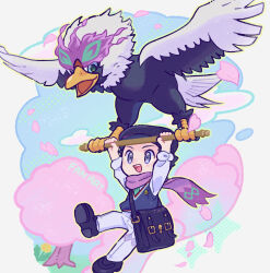 Rule 34 | 1boy, bag, beret, cherry blossoms, grey eyes, hat, highres, hisuian braviary, male focus, matsuno tika, messenger bag, nintendo, official alternate costume, pokemon, pokemon (creature), pokemon masters ex, purple scarf, rei (academy) (pokemon), rei (pokemon), scarf, shoulder bag, sweater vest