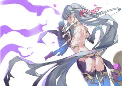 1girl arched_back armor ass bare_back bikini bikini_armor breasts bruise bruise_on_back cuts detached_sleeves evzeva fate/grand_order fate_(series) floating_hair grey_hair highres injury kama_(fate) long_hair sideboob simple_background solo swimsuit thighhighs type-moon upper_body very_long_hair white_background