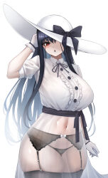 1girl black_hair black_panties black_thighhighs blush bow breasts dress garter_belt garter_straps gloves hasshaku-sama hat hat_bow highres large_breasts long_hair looking_at_viewer mole mole_under_mouth nahanmin navel one_eye_covered open_mouth original panties red_eyes see-through_clothes see-through_dress simple_background solo thighhighs traditional_youkai underwear white_background white_dress white_gloves white_hat