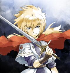Rule 34 | 1boy, belt, black background, black eyes, blonde hair, cape, chigayasan, closed mouth, commentary request, hair between eyes, holding, holding sword, holding weapon, horns, long hair, looking at viewer, male focus, mashin eiyuuden wataru, red cape, scar, scar on chin, scar on face, single horn, solo, sword, toraou, tunic, upper body, weapon