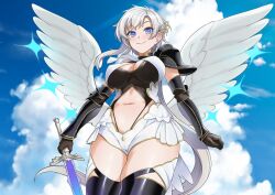 1girl absurdres black_gloves black_thighhighs blue_eyes blue_sky bracer breasts cameltoe cleavage_cutout closed_mouth clothing_cutout cloud commission elbow_gloves feathered_wings gloves hair_ornament haruhisky highres holding holding_sword holding_weapon liora_walkyria long_hair navel ponytail revealing_clothes second-party_source sky smile solo stomach_cutout sword thighhighs v&amp;u_entertainment virtual_youtuber weapon white_hair white_wings wings