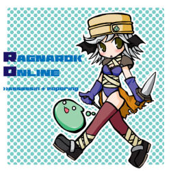 1girl :3 armor assassin_(ragnarok_online) bandages bandages_over_clothes black_shoes black_wings blue_background blush brown_cape brown_eyes brown_hat brown_thighhighs cape character_name chibi chibi_only commentary_request copyright_name dagger demon_wings full_body gloves grey_hair hat head_wings holding holding_dagger holding_knife holding_weapon knife leotard looking_at_viewer lowres open_mouth pauldrons pillbox_hat polka_dot polka_dot_background poporing purple_gloves purple_leotard ragnarok_online shoes short_hair shoulder_armor slime_(creature) solo thighhighs waist_cape walking weapon wings yazawa_kazuki