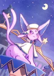 Rule 34 | absurdres, animal focus, blush, bow, capelet, closed mouth, clothed pokemon, espeon, forehead jewel, forked tail, gen 2 pokemon, hat, highres, illustrattyako, looking at viewer, moon, night, night sky, nintendo, no humans, pokemon, pokemon (creature), pokemon focus, purple eyes, sky, smile, star (sky), tail