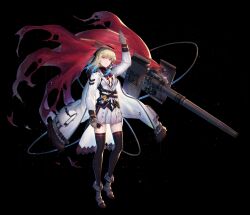 artist_request beam_rifle blonde_hair boots cloak coat counter:side energy_gun lyudmila_(counter:side) official_art red_cloak skirt tagme thighhighs weapon white_coat