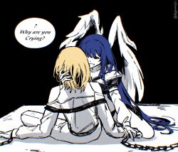 Rule 34 | 1boy, 1girl, alternate hairstyle, angel wings, black background, blonde hair, blue hair, bound, bound wrists, brushing hair, chain, dark persona, dizzy (guilty gear), english text, evil smile, guilty gear, half-closed eyes, hand in another&#039;s hair, hand on another&#039;s hand, hands in hair, highres, ky gwangin, ky kiske, long hair, looking at another, medium hair, red eyes, restrained, sitting, smile, spot color, very long hair, wings, yandere