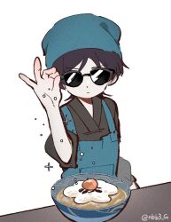 1boy alternate_costume apron artist_name black_shirt blue_apron blue_headscarf blue_headwear blue_scarf blunt_ends bowl closed_mouth food fried_egg genshin_impact hand_up headscarf male_focus meme nbb3 pale_skin parted_bangs pocket purple_hair salt_bae_(meme) scaramouche_(genshin_impact) scarf shirt short_hair short_sleeves simple_background solo soup sparkle standing sunglasses table v-shaped_eyebrows white_background