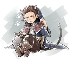 1boy animal_ears blush boots brown_boots brown_hair cat_ears cat_tail cloak commentary_request granblue_fantasy highres holding holding_instrument holding_trumpet hood hood_up hooded_cloak iha_tobu instrument katzelia looking_at_viewer male_focus paw_print pointy_ears sitting tail trumpet