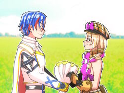 1boy 1girl blonde_hair blue_hair bouquet braid braided_ponytail couple crossed_bangs fire_emblem fire_emblem_engage flower framme_(fire_emblem) hetero holding holding_bouquet male_alear_(fire_emblem) mnejing30 multicolored_hair nintendo pink_hair red_hair split-color_hair two-tone_hair