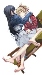 2girls artist_name barefoot black_hair blonde_hair closed_eyes closed_mouth commentary dress feet grey_dress hair_ribbon highres inoue_takina legs long_hair looking_at_another lycoris_recoil lycoris_uniform multiple_girls nail_polish neckerchief nishikigi_chisato patreon_logo patreon_username pleated_dress red_ribbon ribbon short_hair simple_background soles straddling swept_bangs sydus toenail_polish toenails toes two-tone_dress white_background yuri