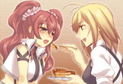 2girls angelise_ikaruga_misurugi antenna_hair apple_pie apron black_apron black_trim blonde_hair blue_eyes blue_hair blush brown_background brown_eyes coat collared_coat collared_shirt commentary_request cross_ange eyebrows_hidden_by_hair food fork gradient_background hair_ornament hair_scrunchie hairband hilda_(cross_ange) holding holding_fork holding_plate long_hair medium_hair multiple_girls open_clothes open_coat open_mouth outline pie plate puffy_short_sleeves puffy_sleeves raised_eyebrows red_hair scrunchie shiranami_(kominato) shirt short_sleeves sidelocks signature sleeveless teeth tongue turtleneck turtleneck_shirt twintails upper_teeth_only white_coat white_outline white_shirt yuri
