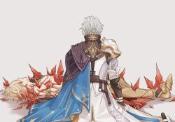 Rule 34 | 2boys, arm tattoo, armor, armored boots, black shirt, blonde hair, blue cape, boots, braid, cape, chest tattoo, coat, commentary request, crystal, from behind, gradient hair, hair between eyes, highres, honkai: star rail, honkai (series), kujyo sk, lying, male focus, material growth, medium hair, multicolored hair, multiple boys, mydei (honkai: star rail), on back, pauldrons, phainon (honkai: star rail), profile, red hair, red tattoo, shirt, short hair, shoulder armor, side braid, side cape, simple background, single pauldron, tattoo, toned, toned male, white background, white coat, white hair