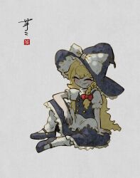 Rule 34 | 1girl, apron, ay606078, black hat, black shoes, black skirt, black vest, blonde hair, blush, bow, braid, closed eyes, commentary, grin, hair bow, hat, hat bow, highres, kirisame marisa, long hair, puffy short sleeves, puffy sleeves, red bow, shoes, short sleeves, side braid, signature, single braid, sitting, skirt, smile, socks, solo, touhou, very long hair, vest, waist apron, white bow, white socks, witch hat