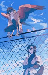 2boys animal animal_feet bird bird_legs bird_tail bird_wings black_hair blue_sky chain-link_fence claws crossed_arms extra_arms feathered_wings fence harpy_boy head_wings highres jacket looking_at_another male_focus monster_boy multiple_boys on_fence original outdoors pointy_ears red_wings shuini_xiaomao sky squatting tail wings